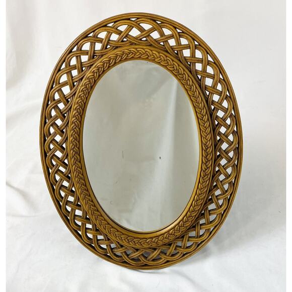 Vtg Faux Wicker Oval Mirror 1978 Home Interiors Homco Wall / Easel #2384 16.75" - Picture 2 of 6